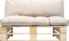 A sofa made from wooden pallets with beige cushions, shown against a white background. Anteprima dell’immagine prodotto