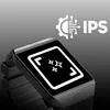 A smartwatch with a digital display showing icons, with marketing text and a graphic overlay. Produktbild-Vorschau