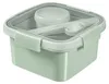 A square green lunchbox with a transparent lid and a small container inside, along with cutlery. Podgląd zdjęcia produktu