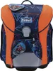 A school backpack with a geometric pattern and off-road vehicle patches. Anteprima dell’immagine prodotto