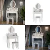 A collage of four images showing a white vanity table with a mirror and stool, presented in different settings and lighting. Podgląd zdjęcia produktu
