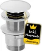 A close-up studio shot of a sink drain assembly with a tag attached. Produktbild-Vorschau