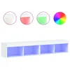 A white TV cabinet with four open compartments, illuminated by blue LED lights. Above the cabinet are three circular insets showing different LED color options (white, red, green) and a color wheel. Produktbild-Vorschau