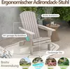 An Adirondack chair is shown outdoors on a patio with plants and a side table. Smaller circular images at the bottom show different outdoor settings. Produktbild-Vorschau