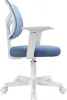 A side view of a blue and white office chair with wheels. Produktbild-Vorschau