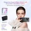 A woman is holding a smartphone, with product feature callouts and descriptive text. Produktbild-Vorschau