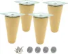 Four wooden furniture legs with metal mounting plates and a pile of screws and felt pads.