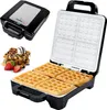 A collage of a waffle maker, waffles with toppings, and waffles being cooked. Podgląd zdjęcia produktu