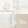 Close-up shots of a white rolling cart with silver metal poles, highlighting assembly and tool-free features. Produktbild-Vorschau