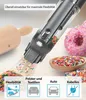 A vacuum cleaner is shown cleaning up sprinkles from a surface, with donuts and a rolling pin in the background. Below the vacuum, icons represent different use cases like flexibility, upholstery, car, and cordless operation. Produktbild-Vorschau