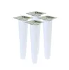 Four white furniture legs with silver mounting plates are arranged in a group on a white background. Produktbild-Vorschau
