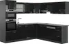 A modern black high-gloss corner kitchen unit with integrated appliances. Produktbild-Vorschau