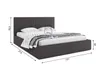 A dark gray upholstered bed with white bedding and a diagram showing dimensions and weight capacity. Produktbild-Vorschau