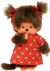 A plush toy monkey wearing a red dress with a pattern of smaller monkeys. Produktbild-Vorschau