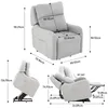Multiple views of a recliner chair with dimensions indicated. Voir les images du produit