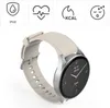 A smartwatch with a beige band and silver casing is shown against a white background. Icons indicating IP68 water resistance, heart rate monitoring, calorie tracking, and sleep tracking are displayed above the watch. Produktbild-Vorschau