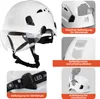 A collage of images showing a white safety helmet with various attachments and features. Produktbild-Vorschau