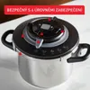 A close-up view of the lid of a pressure cooker, highlighting safety features. Voir les images du produit