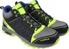 A pair of black, neon yellow, gray, and blue Goodyear safety shoes are shown against a white background. Produktbild-Vorschau