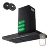 A black kitchen hood with energy efficiency labels and accessories, presented on a white background. Produktbild-Vorschau