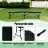 A folding bench is shown outdoors on a lawn, with close-up details of its features. Produktbild-Vorschau