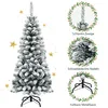 A flocked artificial Christmas tree with decorative elements and text descriptions of its features. Produktbild-Vorschau