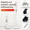 Weißer und oranger kabelloser Stabstaubsauger in zwei Konfigurationen, mit Nahaufnahmen verschiedener Aufsätze Produktbild-Vorschau