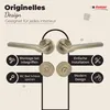 A marketing image showcasing door handles and related accessories with feature descriptions. Produktbild-Vorschau
