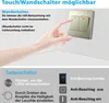 A hand touching a wall switch, with text explaining different switch types and features. Produktbild-Vorschau