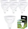 A collection of white LED light bulbs and a product box. Produktbild-Vorschau