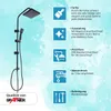 A black shower set with accompanying feature icons and text descriptions against a light blue watercolor background. Produktbild-Vorschau