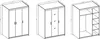 Three wireframe diagrams of wardrobes with dimensions indicated. Produktbild-Vorschau
