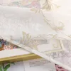 A close-up view of a sheer curtain with a floral and leaf pattern, layered over a book with text and images. Produktbild-Vorschau