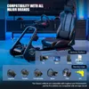A racing simulator cockpit with a chair and steering wheel, set up in a room with ambient blue lighting. Produktbild-Vorschau