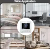 A collage of four images showing different applications of a smart thermostat: a bedroom, an office, a classroom, and a living room. A close-up of the thermostat is also shown. Podgląd zdjęcia produktu