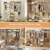 A collage of images showcasing a wooden clothing rack with shelves in various room settings. Produktbild-Vorschau