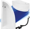 A white corner bathtub and its drain assembly are shown against a blue and white background. Produktbild-Vorschau