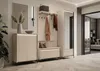 A modern entryway with a beige and black wardrobe set, featuring a mirror and LED lighting. Produktbild-Vorschau