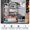 A metal shelving unit filled with various items like tools, cleaning supplies, and storage containers, set in a garage or workshop environment. Náhled obrázku produktu