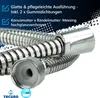 A close-up of a silver shower hose with text describing its features. Produktbild-Vorschau