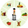 A circular collage of images showcasing a personal blender and various drinks and ingredients. Podgląd zdjęcia produktu