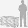 A gabion basket is shown next to a human silhouette for scale. Dimensions are indicated. Produktbild-Vorschau