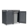 A dark gray metal bin enclosure with two compartments, one of which contains a large gray trash bin. The enclosure has a modern design with perforated doors. Produktbild-Vorschau