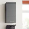 A gray wall-mounted storage unit with three doors, a silver handle, and a woven basket with towels below it. Produktbild-Vorschau