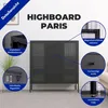 A black metal highboard with glass doors and drawers, shown in a room setting with callouts highlighting its features. Produktbild-Vorschau