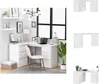 A corner desk setup with a chair and decorative items, shown alongside product shots of different desk configurations.