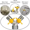A collage of images showcasing a brass Y-splitter valve with yellow handles, its material, and an example of its application. Produktbild-Vorschau
