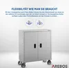 A grey metal cabinet with two doors and wheels, set against a light grey and white gradient background. Text overlays describe its features. Produktbild-Vorschau