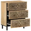 A three-drawer chest of drawers with carved fronts and black legs, shown against a white background. Anteprima dell’immagine prodotto