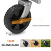 Close-up of a wheel with a locking mechanism, and smaller inset images showing the wheel on different terrains. Produktbild-Vorschau